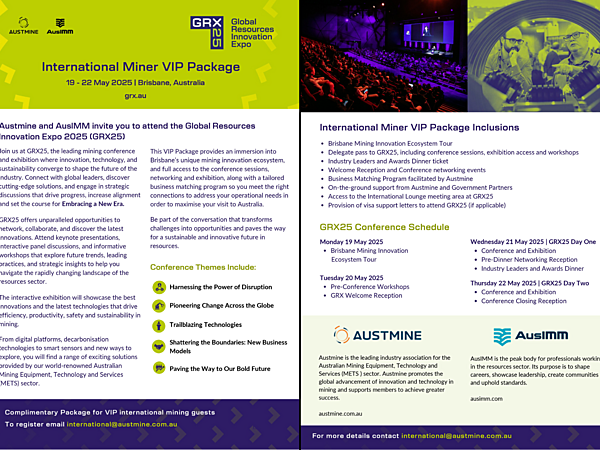 Austrade Manila invitation to Philippine Mining Mission to the Global Resources Innovation Expo (GRX25) in Brisbane, May 19-22, 2025.