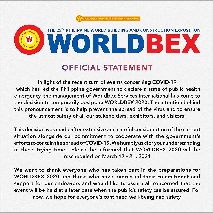 Worldbex Services International Announces Postponement of WORLDBEX and MIAS 2020